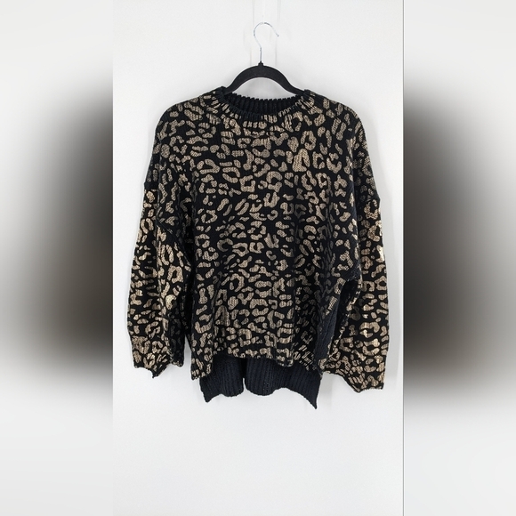ANDTHEWHY Black Metallic Gold Cheetah Print Oversized Balloon Sleeve Sweater M/L - Picture 3 of 9